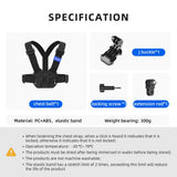 Telesin chest strap kit with J-buckle, locking screw, extension rod and specifications