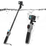 TELESIN underwater selfie stick shown extended and retracted with GoPro cameras in water.
