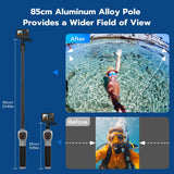 TELESIN selfie stick length comparison from 25cm to 85cm with examples of wider selfie framing.
