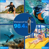 TELESIN underwater selfie stick graphic showing a 98.4ft waterproof rating and water activity examples.