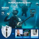 Diver holding an extended TELESIN selfie stick, with wrist strap, charging and drainage detail images.