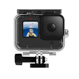 Front view of a GoPro camera inside the TELESIN waterproof housing with mounting buckle