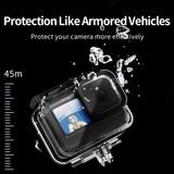 GoPro in TELESIN diving housing underwater beside a 45m depth graphic