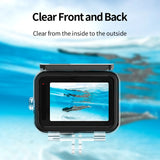Rear view of a housed GoPro showing a swimmer on its screen underwater