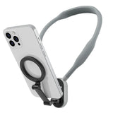 Grey TELESIN neck mount holding a smartphone vertically, showing the magnetic ring attachment.