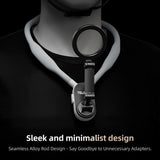 Grey TELESIN phone neck mount worn over a black shirt, showing the circular holder and hinged arm.