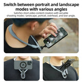 TELESIN neck mount demonstrating portrait, landscape and angled smartphone positioning.