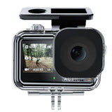 Clear TELESIN waterproof housing fitted on a DJI Osmo Action camera, front view