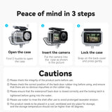 TELESIN waterproof case installation guide showing opening, camera insertion and locking, with care precautions