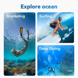 Collage of snorkeling, surfing and deep diving scenes with the waterproof case in use