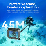 Scuba diver using a camera in a TELESIN waterproof case, with the 45m depth rating highlighted