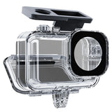 Empty TELESIN waterproof case with the rear door open and top locking buckle raised
