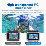 Underwater screen-clarity comparison between the TELESIN waterproof case and another housing.