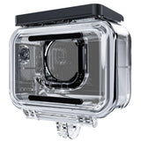 Angled rear view of the empty TELESIN waterproof case showing the clear back cover and mounting tabs