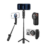 Telesin magnetic selfie stick shown extended, as a mini tripod, folded and attached as a phone grip.