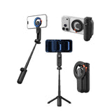Telesin 4-in-1 selfie stick demonstrating handheld, tripod, phone grip and folded configurations