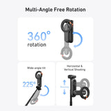 Telesin selfie stick mount demonstrating 360° rotation, 225° tilt and portrait or landscape positioning