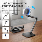 Telesin adjustable phone stand showing rotating mount, shooting angles and folded position