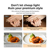 Side-by-side lighting comparisons showing decorated nails and plated food.