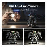 Model robot photographed with ordinary light and Telesin Aura Zoom focused hard light
