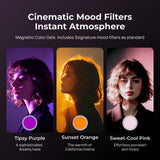 Portrait lighting examples using purple, orange and pink magnetic colour filters.