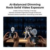 AI Focus-Tracking demonstration showing a model robot filmed from two camera distances.