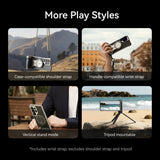 TELESIN Master Grip showing shoulder strap, wrist strap, vertical stand and tripod option
