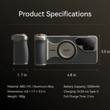 TELESIN Master Grip dimensions diagram with battery, weight and USB-C charging specifications
