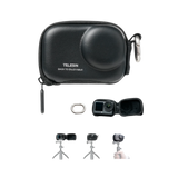 Black TELESIN mini carrying case shown closed, open with an Osmo Action camera, and mounted on a grip