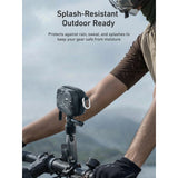 TELESIN mini carrying case covered in water droplets on a bicycle handlebar mount, illustrating splash resistance