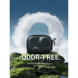 Black TELESIN EVA camera case on moss-covered rocks, with a graphic highlighting odour-free material