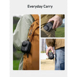 TELESIN mini carrying case clipped to a backpack, slipped into a trouser pocket and carried by hand