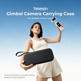 Woman holding a Telesin carrying case and a white handheld gimbal camera outdoors
