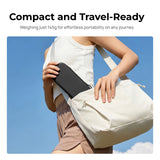 Woman placing the compact black Telesin camera case into a shoulder bag