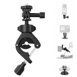 TELESIN handlebar clamp showing camera adapters and example mounting positions