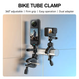 Action cameras attached to narrow and wide tubes using TELESIN ring clamp mounts