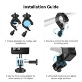 TELESIN installation guide showing cushion fitting, clamp fastening, camera attachment and angle adjustment