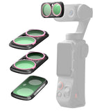 Exploded view of the CPL, ND 2-32 and Diffusion 1/4 filters beside a handheld gimbal camera