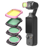 Exploded view of the four lens filters (Cool Rose, Black Diffusion, CPL and VND) beside a handheld gimbal camera