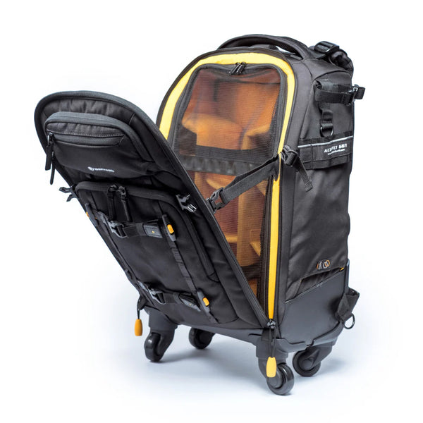 Vanguard Alta Fly 55T 22L 4-Wheel Camera Roller Bag & Convertible Backpack Front Opened