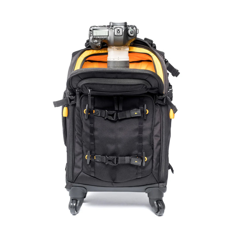 Vanguard Alta Fly 55T 22L 4-Wheel Camera Roller Bag & Convertible Backpack Front Facing with Camera Looking Down
