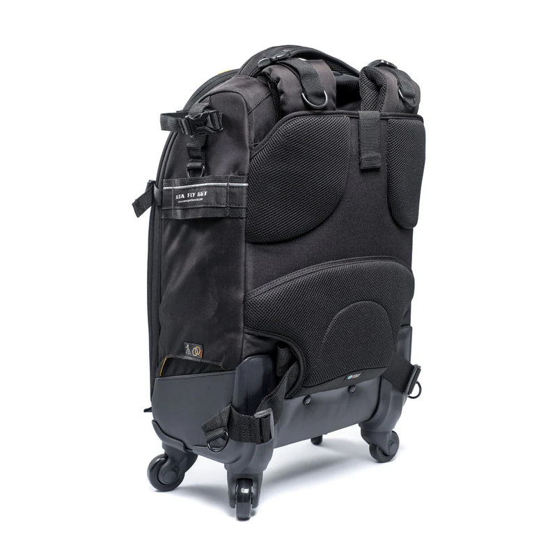 Vanguard Alta Fly 55T 22L 4-Wheel Camera Roller Bag & Convertible Backpack Rear View with Flat Back