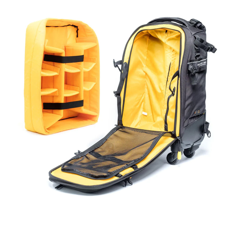 Vanguard Alta Fly 55T 22L 4-Wheel Camera Roller Bag & Convertible Backpack Front Fully Opened with Central Pocket Removed