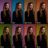 Grid of a woman with long hair against various colored backgrounds. lit by Westcott Flexi Gels