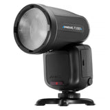 FJ100 M 100Ws Multi-Brand Touchscreen Speedlight Angled View on Hot-Shoe Stand