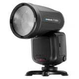 FJ100 S 100Ws Touchscreen Speedlight for Sony Cameras Angled view with Hot-Shoe Stand