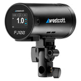 FJ100 100Ws Touchscreen Off-Camera Strobe with FJ Mini AC/DC Battery Angled Rear View
