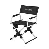 PiXAPRO black foldable director’s chair with armrests and silver-coloured frame (Angled View)
