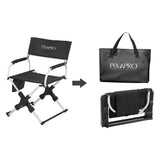 PiXAPRO black foldable director’s chair with armrests and silver-coloured frame showing it's folded stand atn its carry bag