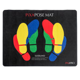 PiXAPOSE posing mat with colourful footprint designs  on a black background